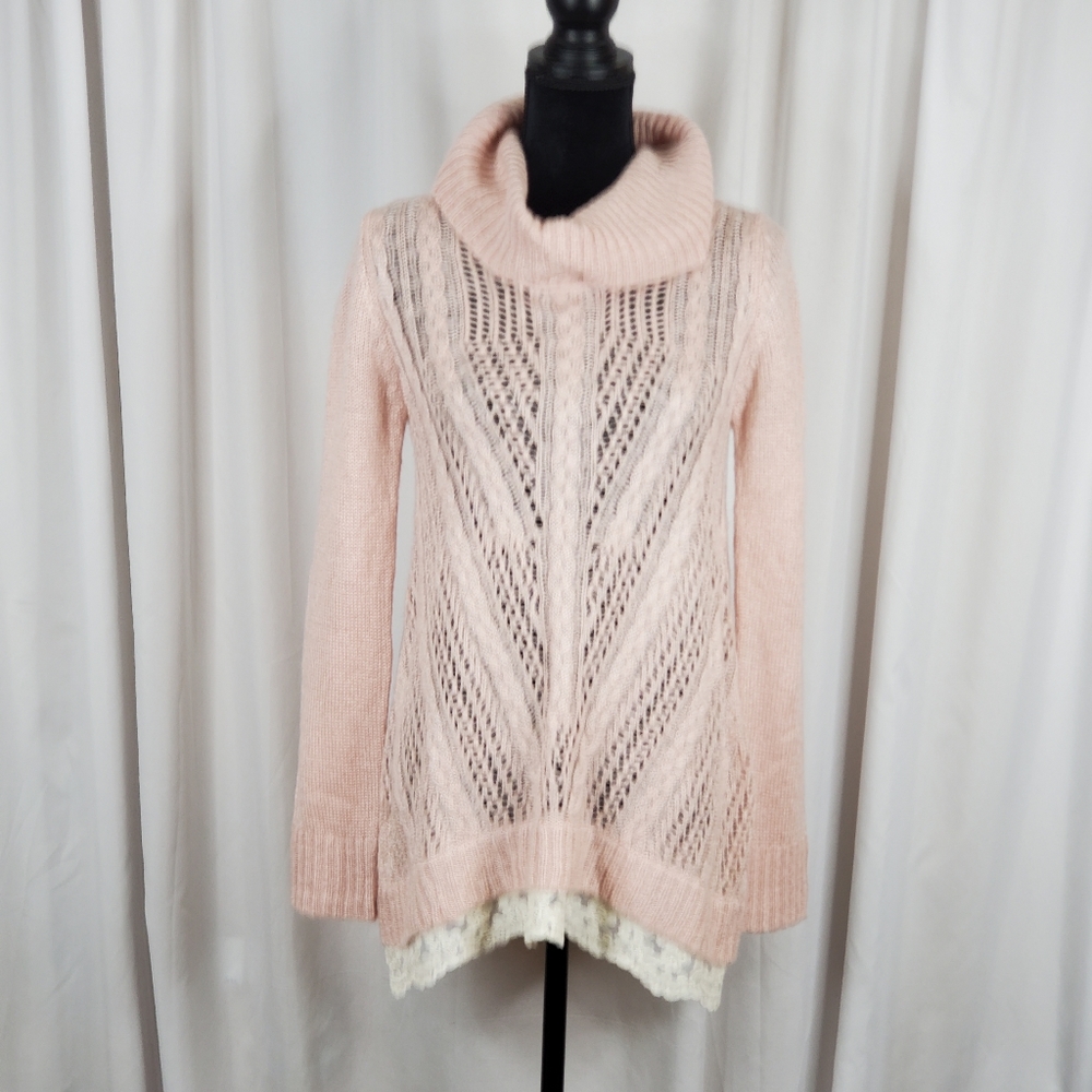 ☆☆ Hippie Rose Pink Sheer Crochet Cowl Neck Tunic Sweater NWT Size Medium